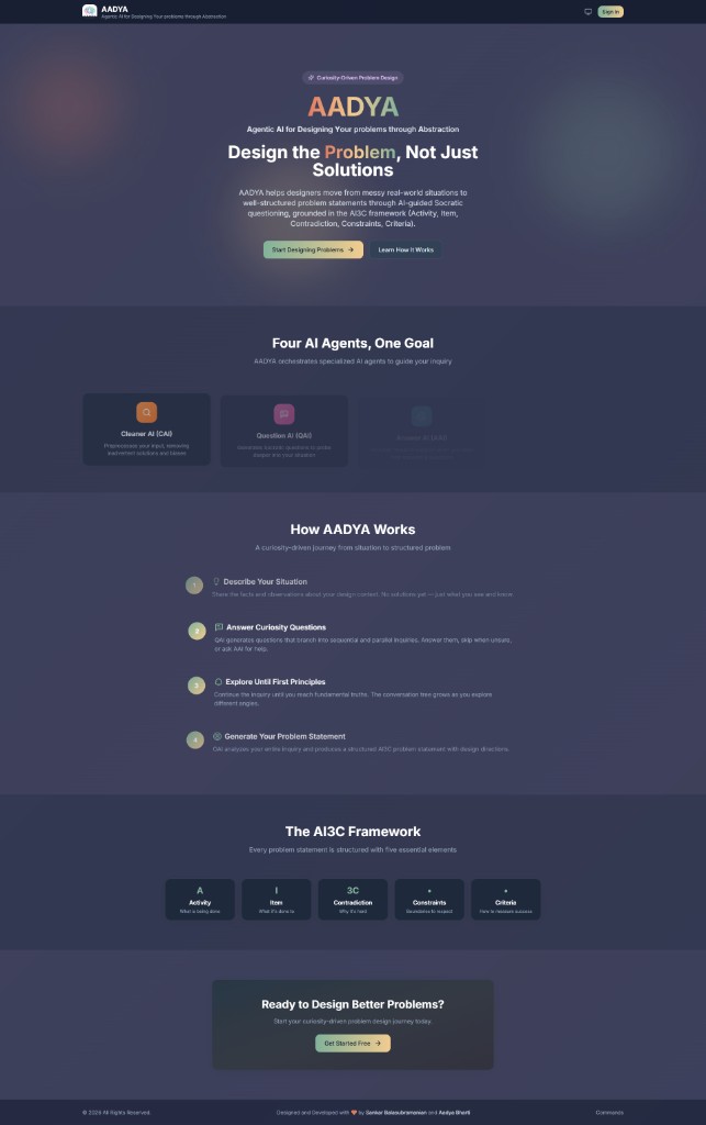AADYA - Full landing page overview with hero, four agents, workflow, AI3C framework, and call-to-action
